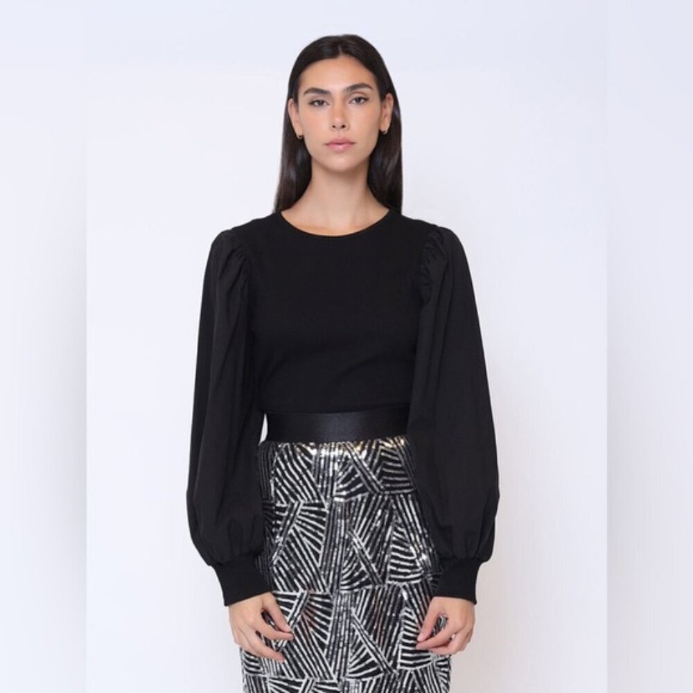 GRACIA Long Puff Sleeve Knit Black Pullover Top‎ Style T31561 Size SMALL